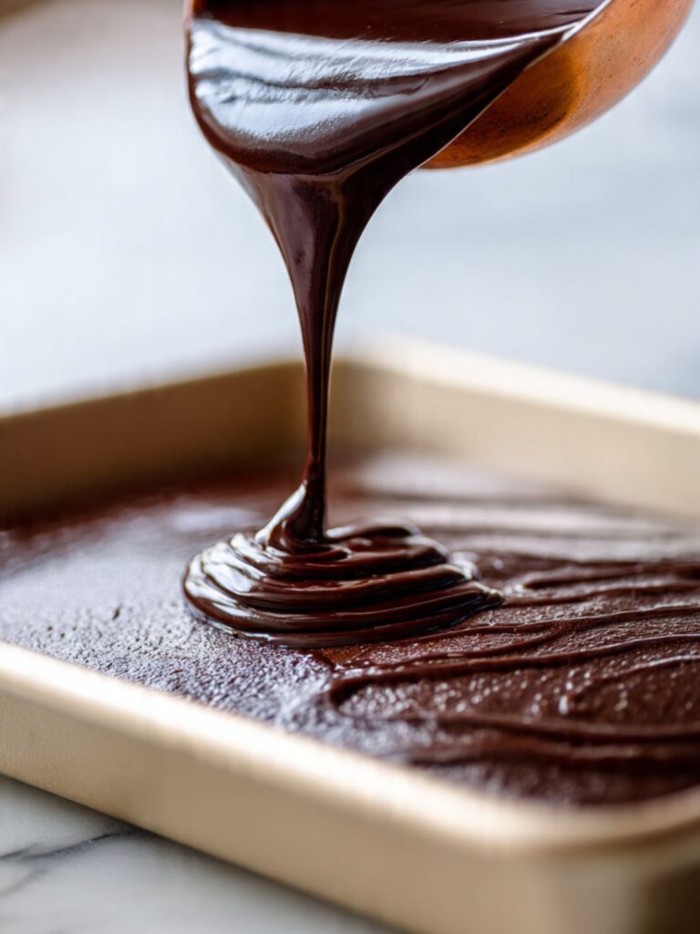 warm chocolate fudge icing being poured over hot texas sheet cake in pan glossy stream mid pour