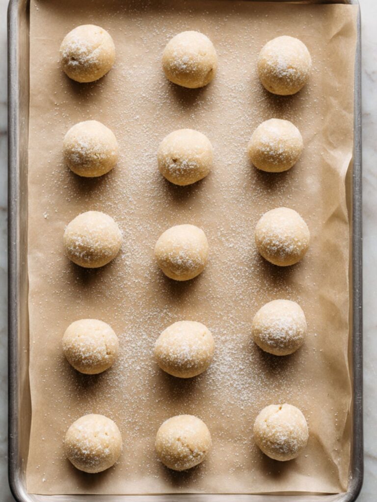 Thumbprint cookie dough balls on a parchment-lined baking sheet spaced evenly before pressing