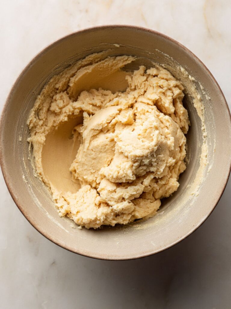 Thumbprint cookie dough in a mixing bowl showing soft smooth texture ready for portioning