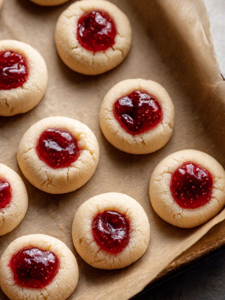 Thumbprint cookie dough balls with jam-filled centers on parchment-lined pan before baking