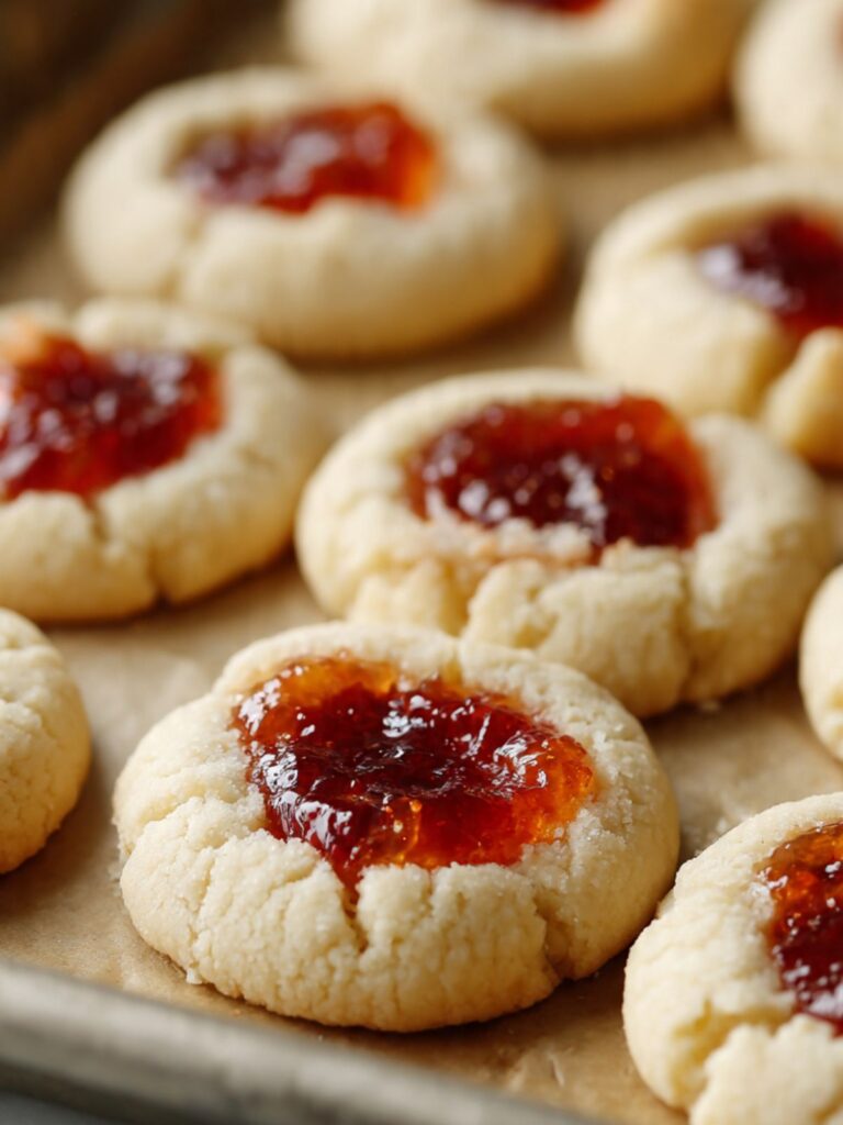 Freshly baked thumbprint cookies on parchment-lined pan with pale tops and lightly golden bottoms