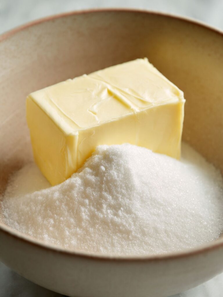 Softened butter and granulated sugar in a mixing bowl ready to combine for thumbprint cookie dough
