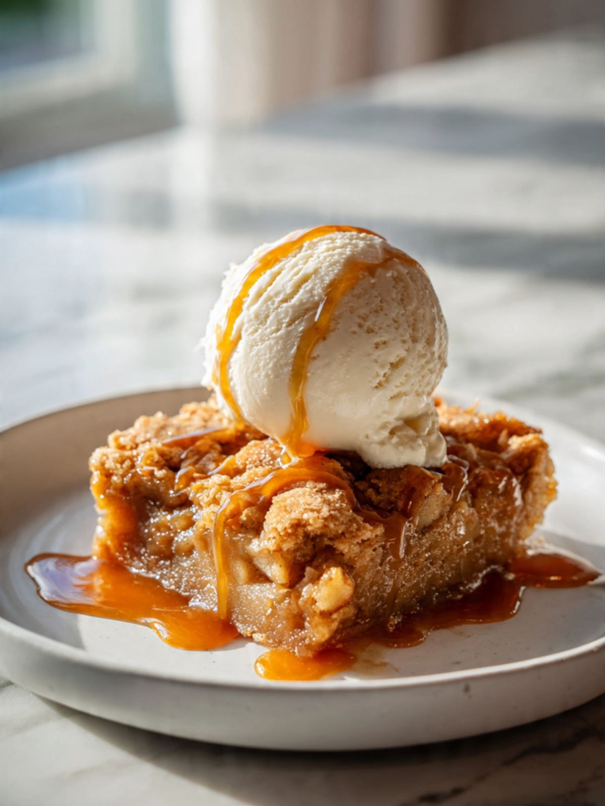 apple dump cake served warm with vanilla ice cream and salted caramel drizzle on white plate