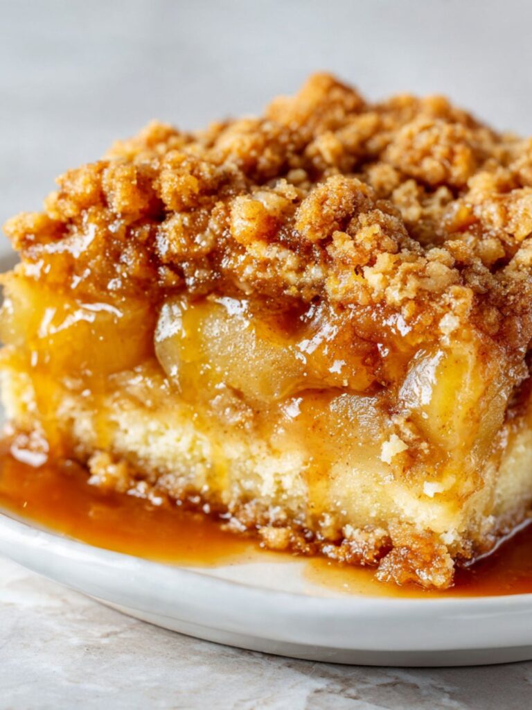 apple dump cake cross section showing pale cake base, cinnamon apple layer, and golden crumble topping