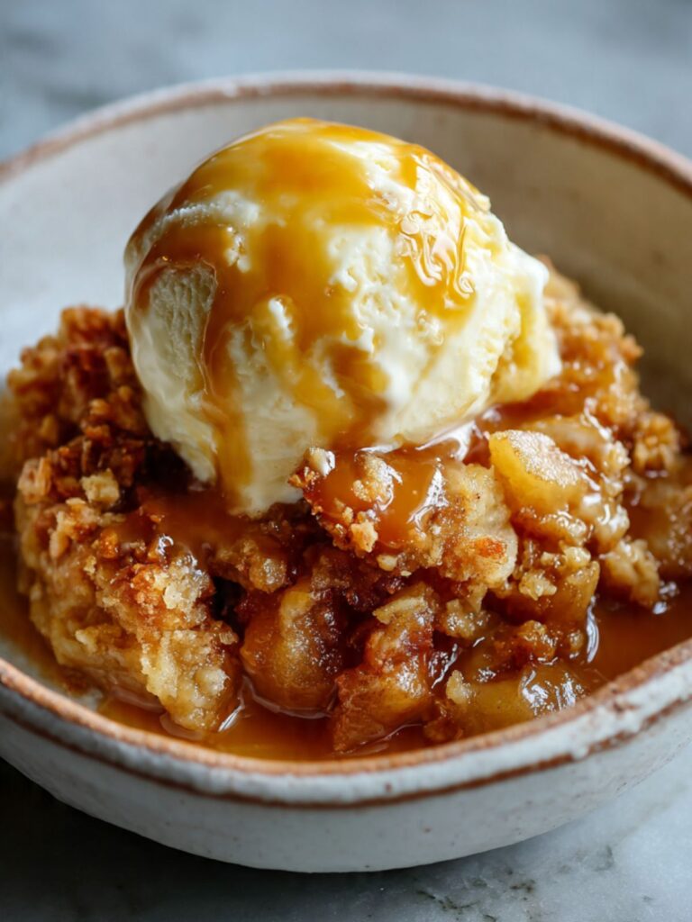 warm apple dump cake scoop in ceramic bowl topped with vanilla ice cream and caramel sauce