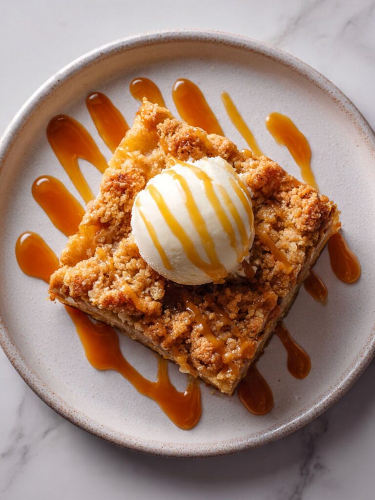 overhead view of apple dump cake square on speckled plate with vanilla ice cream and caramel drizzle