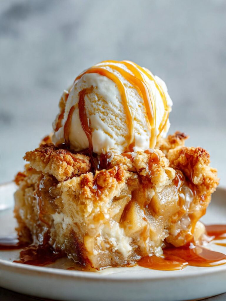 apple dump cake square broken open showing cinnamon apple filling and golden crumble topping with caramel