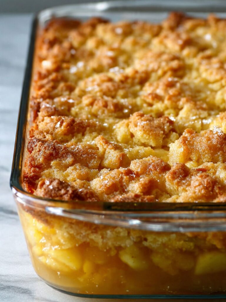 apple dump cake in glass baking dish showing apple layer and golden crumble topping fresh from oven