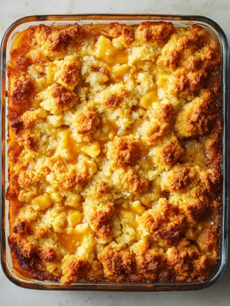 overhead view of baked apple dump cake in glass pan showing pebbled golden butter crumble surface