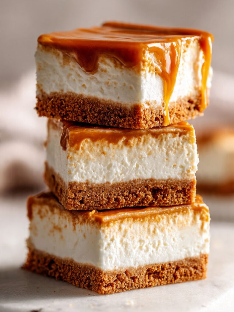 Three stacked Biscoff cheesecake bars showing thick ivory no-bake filling, amber speculoos crust, and salted caramel drizzle