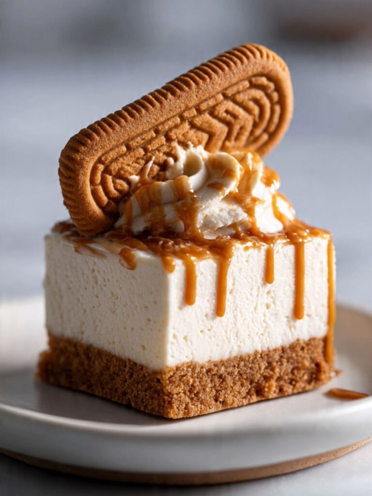 Single Biscoff cheesecake bar on white plate topped with whipped cream rosette and whole Lotus Biscoff cookie garnish
