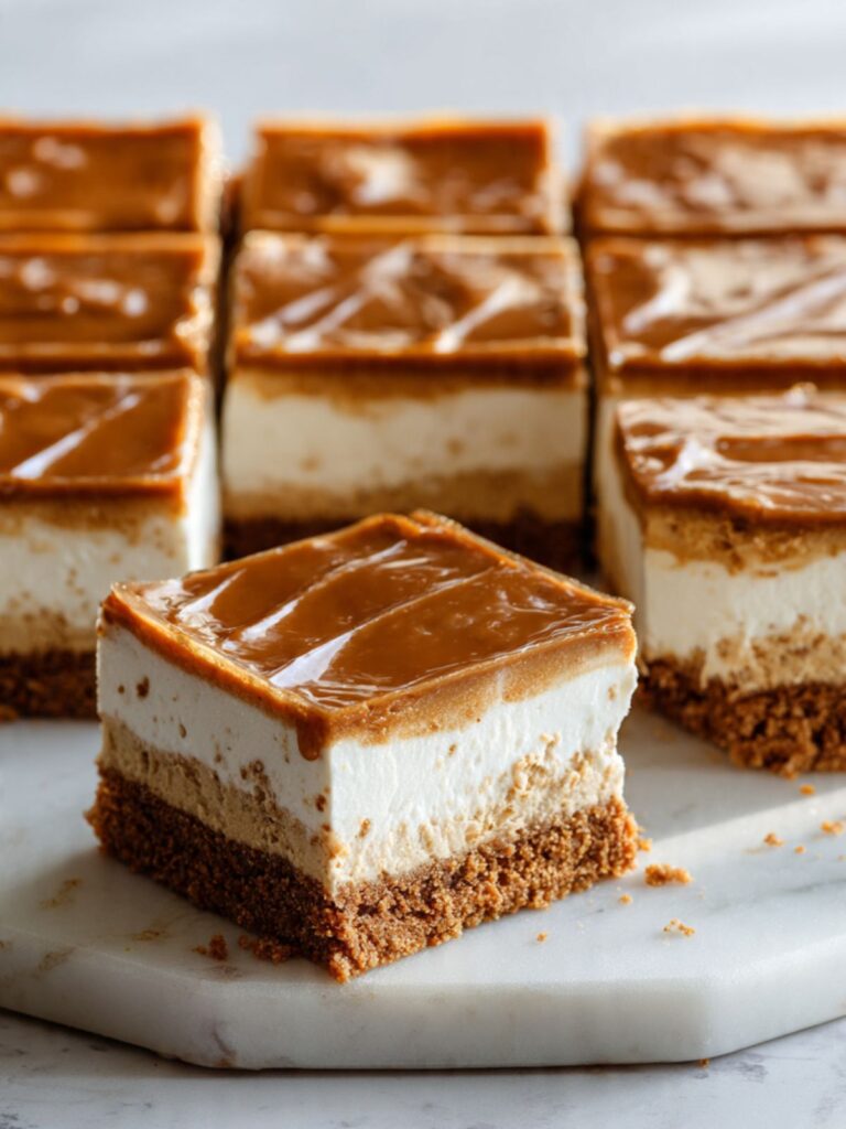 Full batch of nine sliced Biscoff cheesecake bars on white marble showing set caramel topping and thick no-bake cheesecake filling