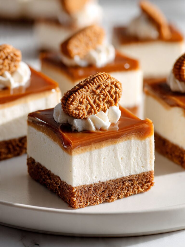 Close-up of garnished Biscoff cheesecake bars with whipped cream rosettes and Lotus Biscoff cookie on set salted caramel topping