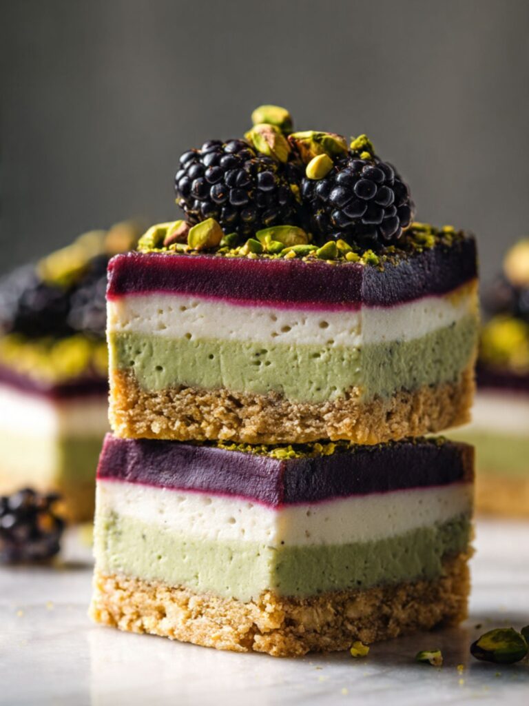 Blackberry pistachio dream bars stacked to show four clean layers — golden crust, pistachio cream, vanilla cream, blackberry gel
