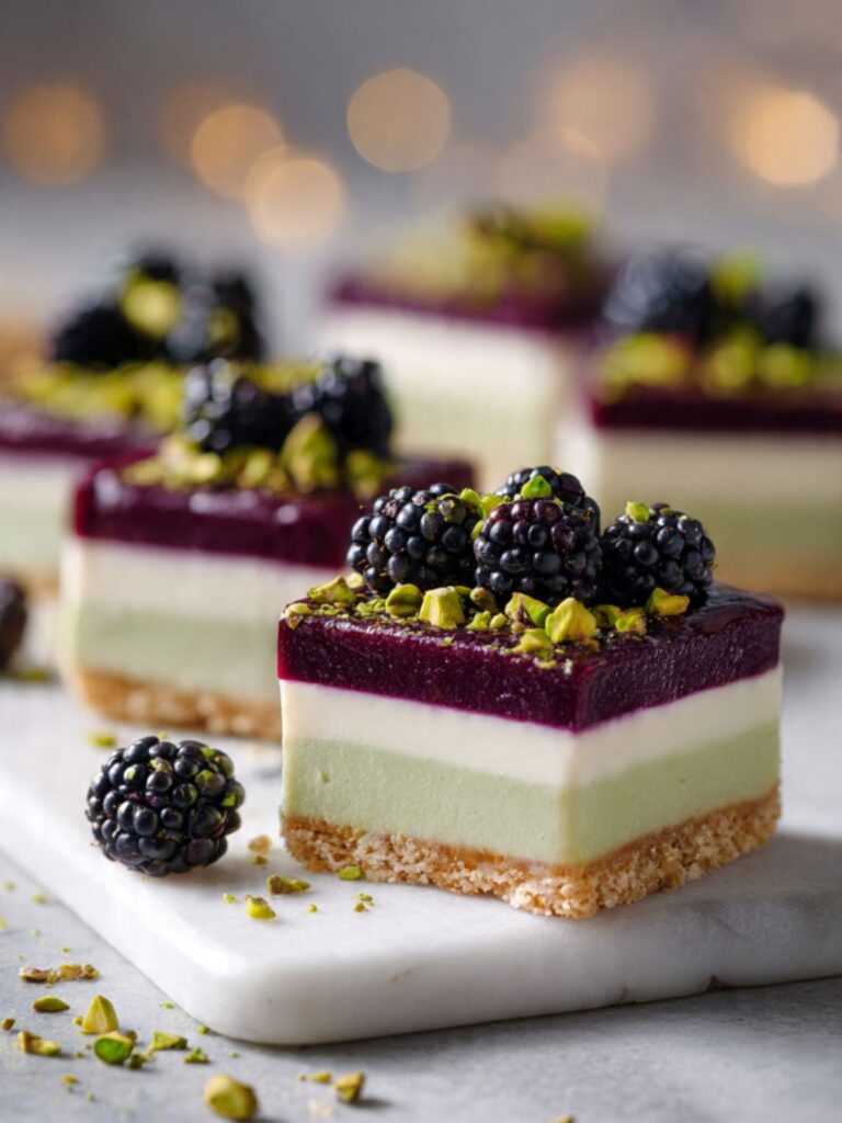 Blackberry pistachio dream bars on marble board topped with fresh blackberries and chopped pistachios