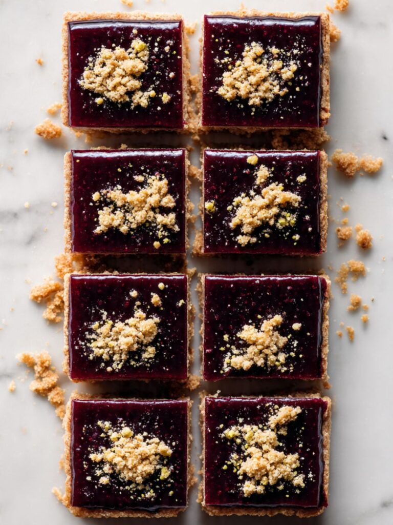 Blackberry pistachio dream bars overhead view with crumble garnish scattered across deep purple gel top