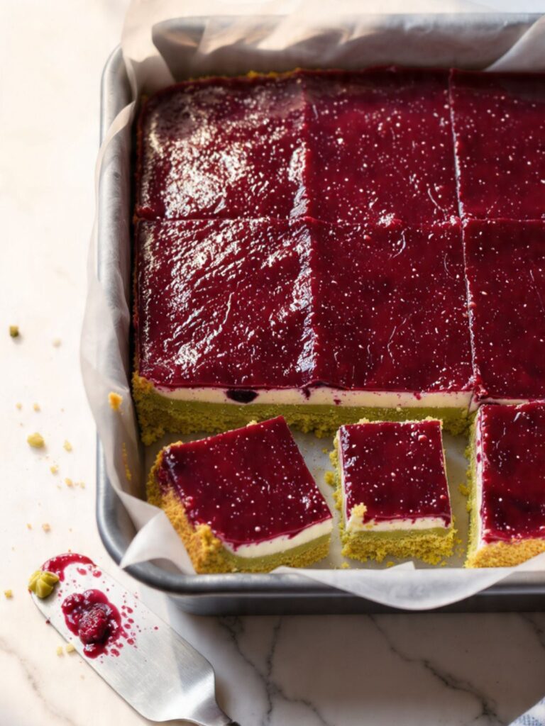 Blackberry pistachio dream bars in pan showing gel top and pistachio cream layer cross-section before serving