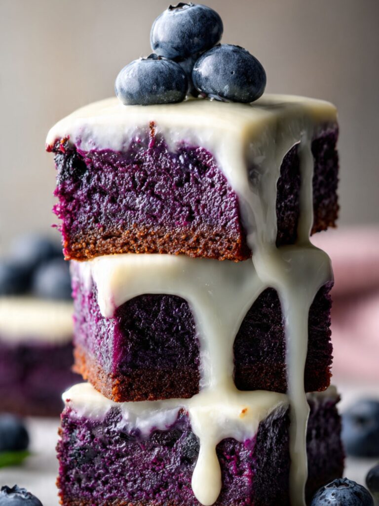 blueberry brownies stacked showing dense purple crumb and cream cheese glaze with fresh blueberries on top