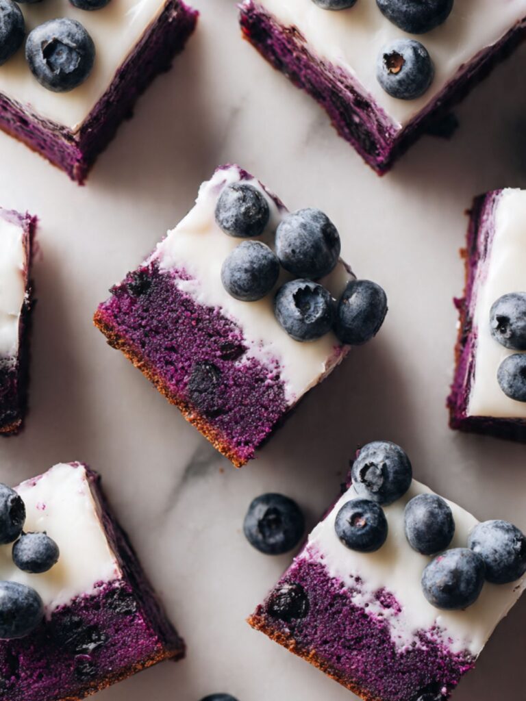 blueberry brownies overhead view showing purple crumb and cream cheese glaze on marble surface