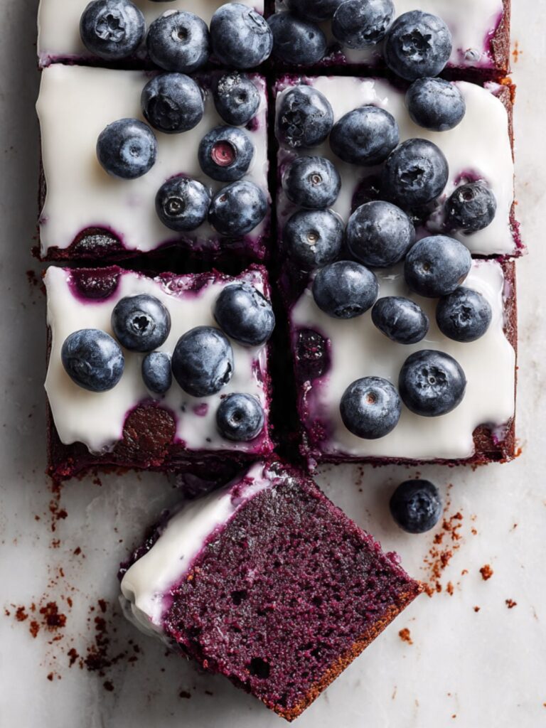 blueberry brownies cut in pan overhead view with cream cheese glaze and fresh blueberry topping