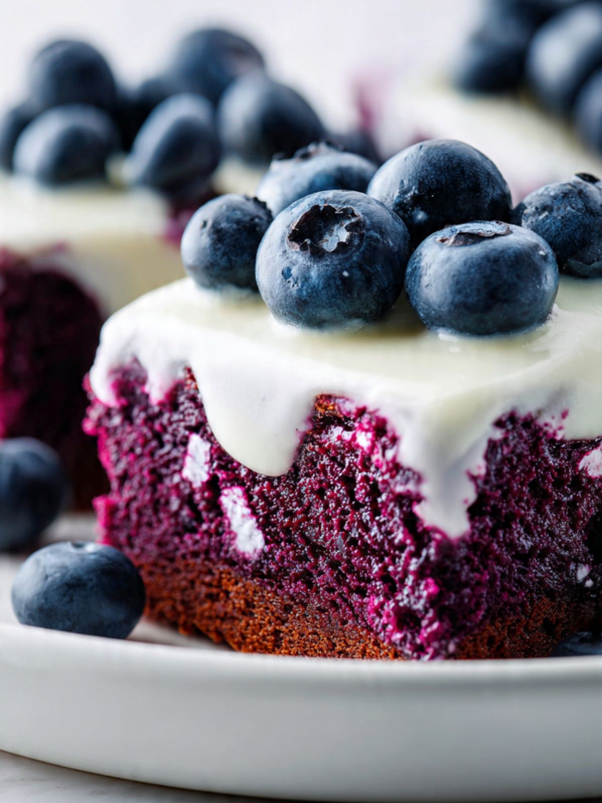 close up blueberry brownie showing dense purple crumb texture and cream cheese glaze