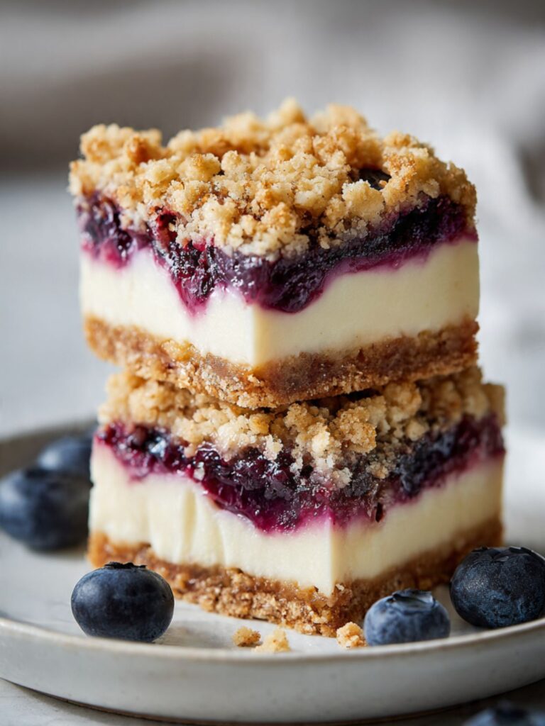 Two blueberry crumble cheesecake bars stacked on a white plate showing ivory cheesecake, blueberry filling, and golden streusel