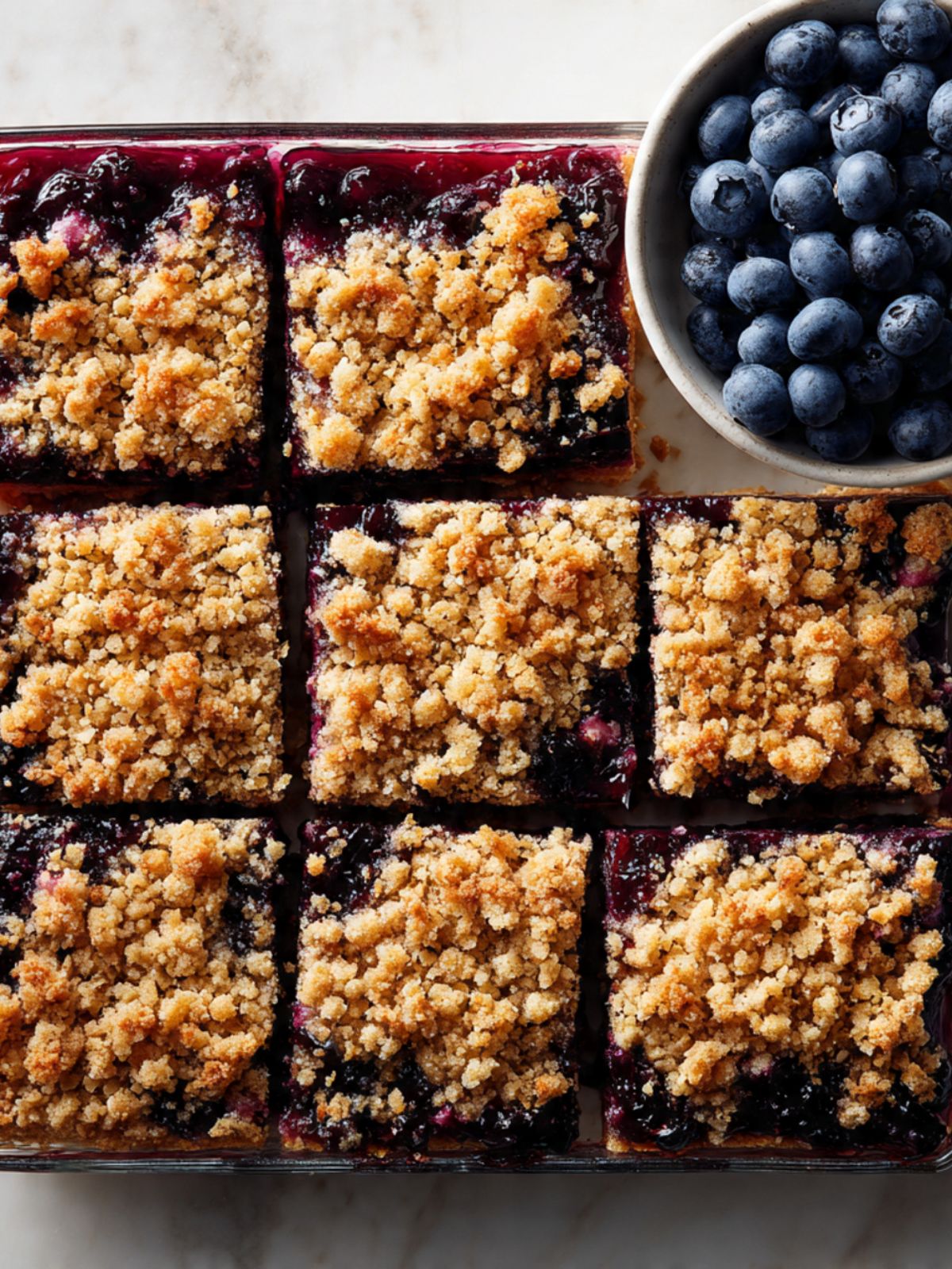 Overhead view of blueberry crumble cheesecake bars cut in a glass pan with a bowl of fresh blueberries alongside