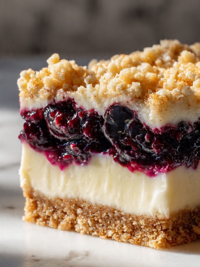 Close-up cross-section of blueberry crumble cheesecake bar showing white cheesecake layer, burst blueberry filling, and graham cracker crust