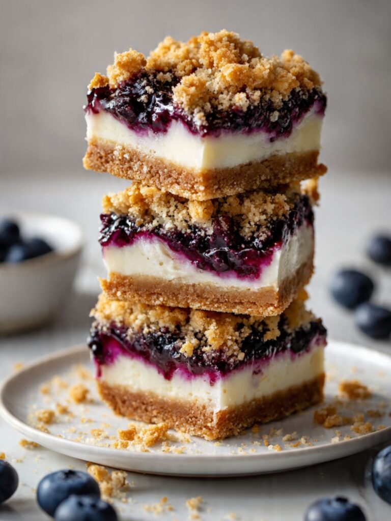 Three blueberry crumble cheesecake bars stacked on a white plate with fresh blueberries showing the four distinct layers