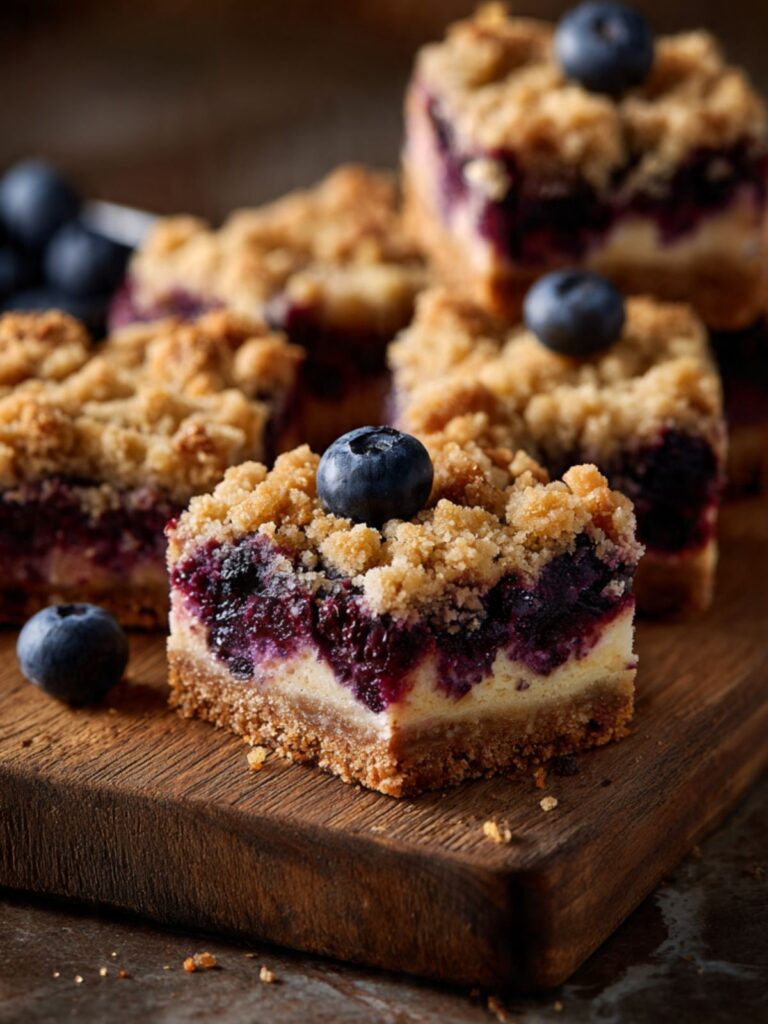 Blueberry crumble cheesecake bars on a dark wood board with fresh blueberries and visible jammy fruit layer and golden streusel