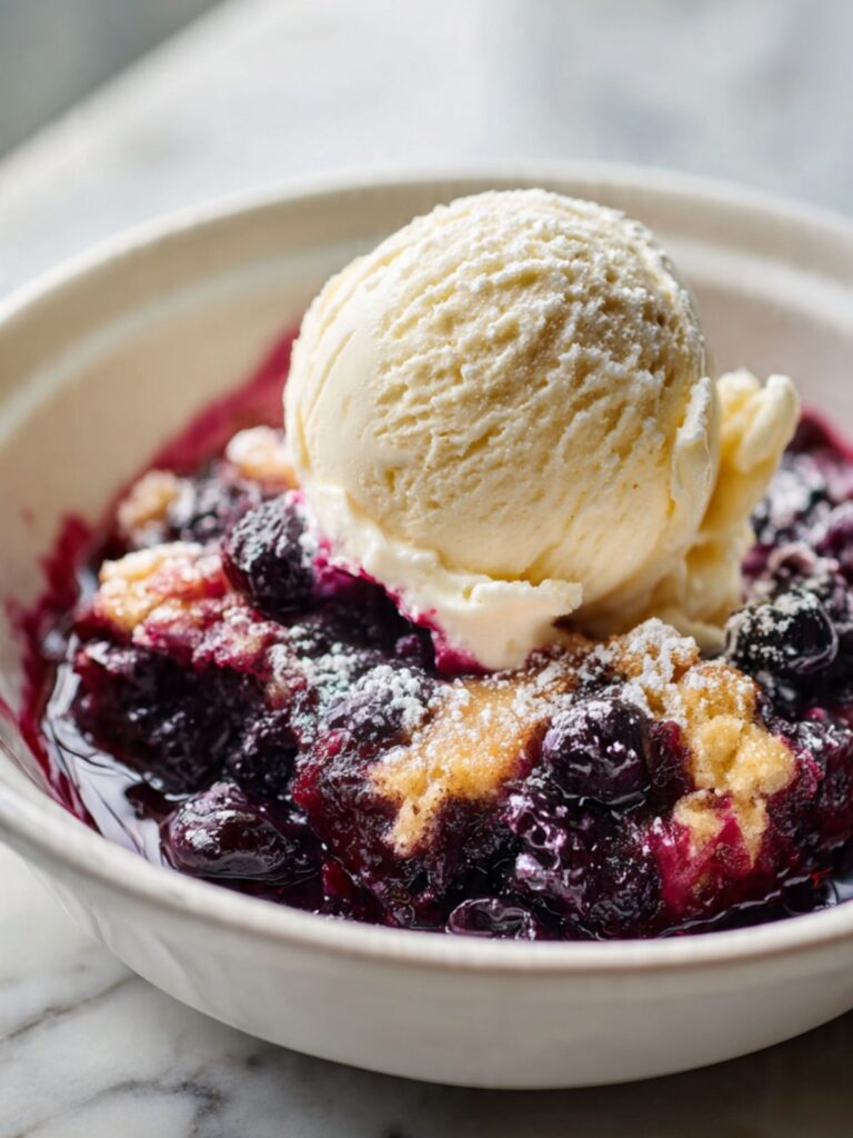 Blueberry dump cake in a white bowl with a scoop of vanilla ice cream and powdered sugar on white marble