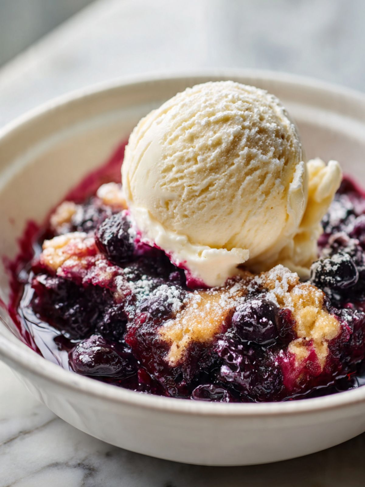 Blueberry dump cake in a white bowl with a scoop of vanilla ice cream and powdered sugar on white marble