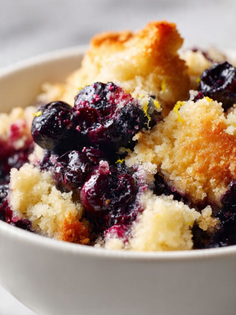 Close-up of blueberry dump cake showing golden crumb chunks, burst blueberries, and bright lemon zest curls