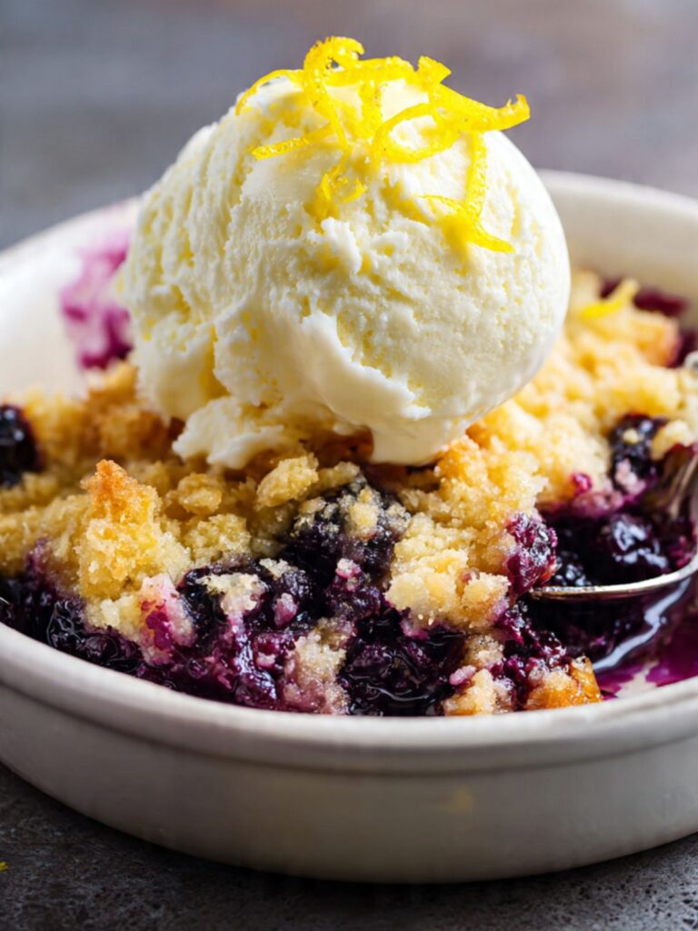 White bowl of blueberry dump cake with vanilla ice cream and lemon zest garnish on dark slate surface