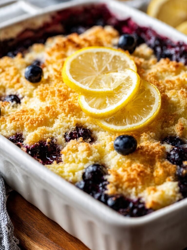 Whole blueberry dump cake in white ceramic baking dish with golden pebbled topping, lemon rounds, and fresh blueberries