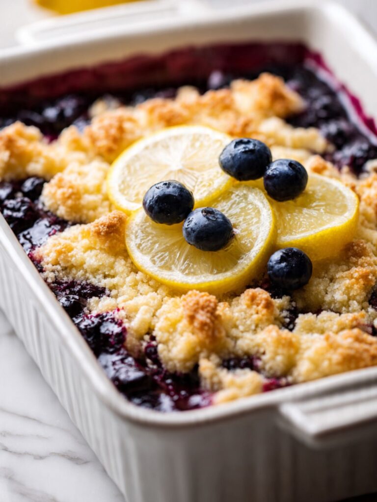 Easy blueberry dump cake in white ceramic dish showing golden crumbled topping and deep purple blueberry filling at edges