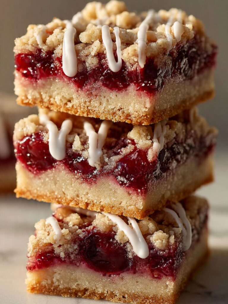 Three cherry crumble bars stacked on white marble showing buttery oat crust, glossy cherry filling, and golden crumble topping
