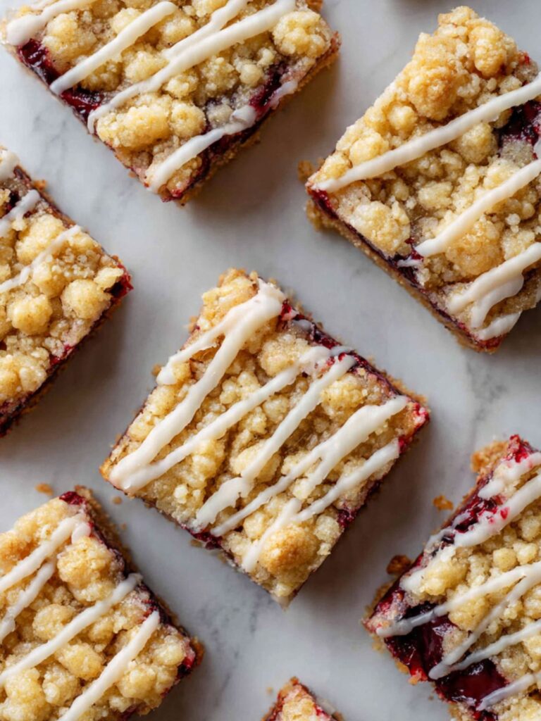 Overhead flat lay of cherry crumble bars on white marble with white glaze drizzle and cherry filling visible