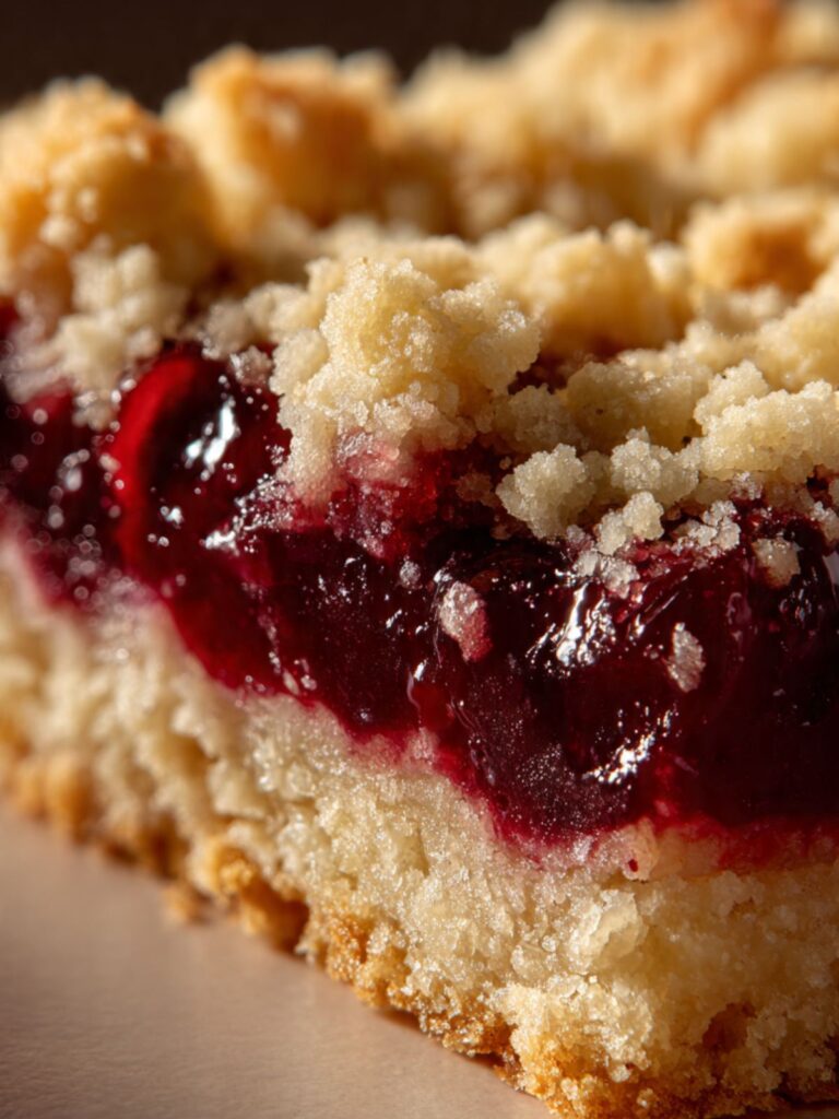 Close-up cross-section of cherry crumble bar with glossy dark ruby filling between buttery crust and oat crumble