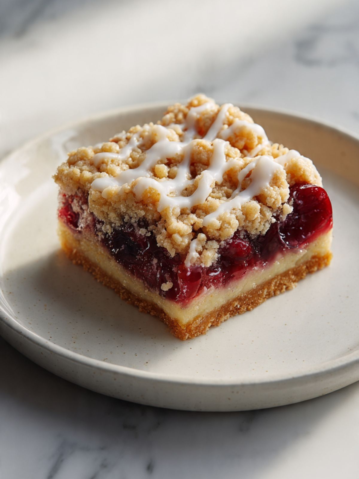 Single cherry crumble bar on cream ceramic plate on white marble with powdered sugar drizzle and three visible layers