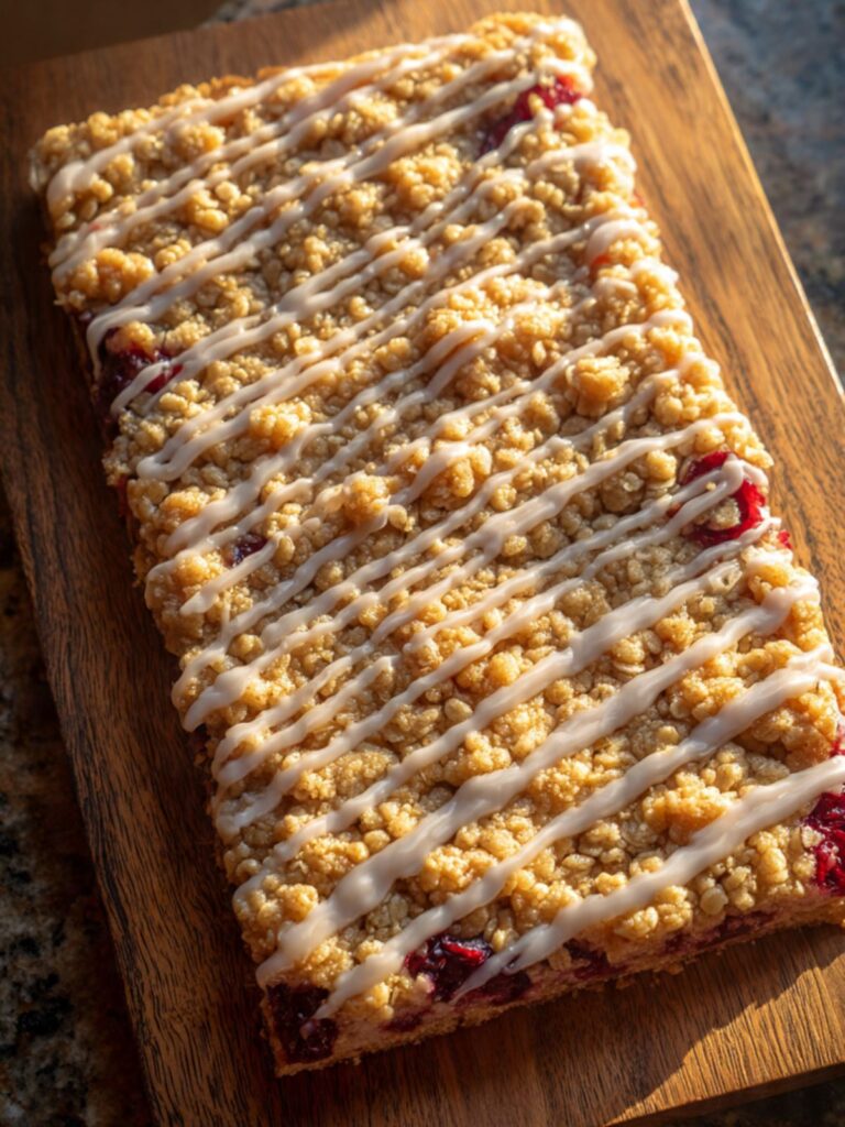 Whole uncut cherry crumble bars slab on wooden board with diagonal powdered sugar glaze drizzle ready to slice