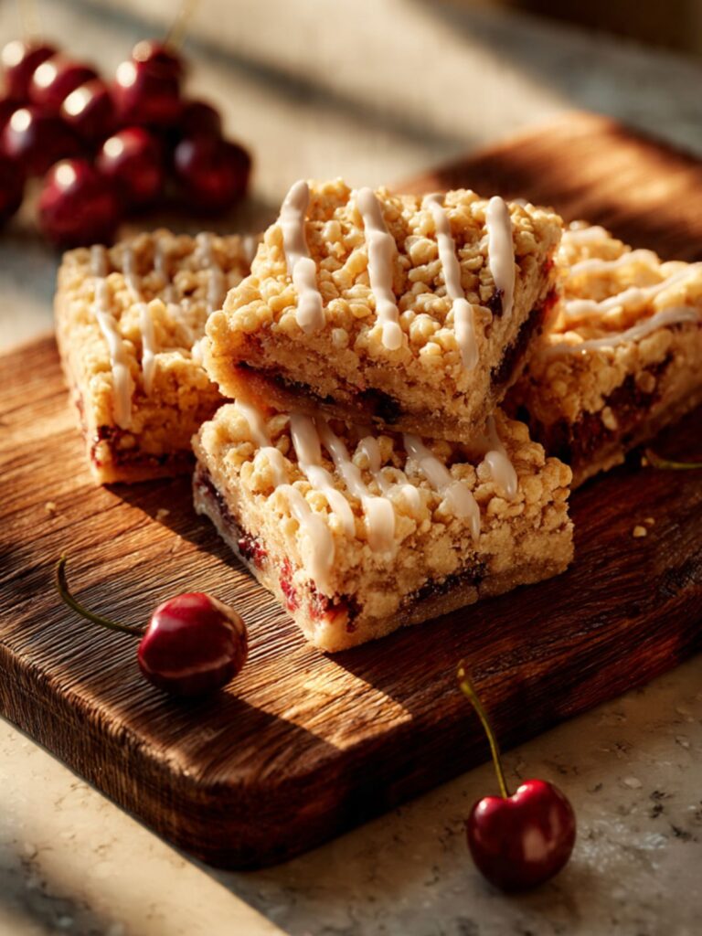 Cherry crumble bars stacked on wooden cutting board with fresh red cherries beside them and white icing drizzle on top