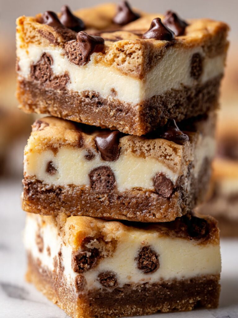Three chocolate chip cheesecake bars stacked to show creamy cheesecake layer between golden cookie crust and chip-studded cookie topping