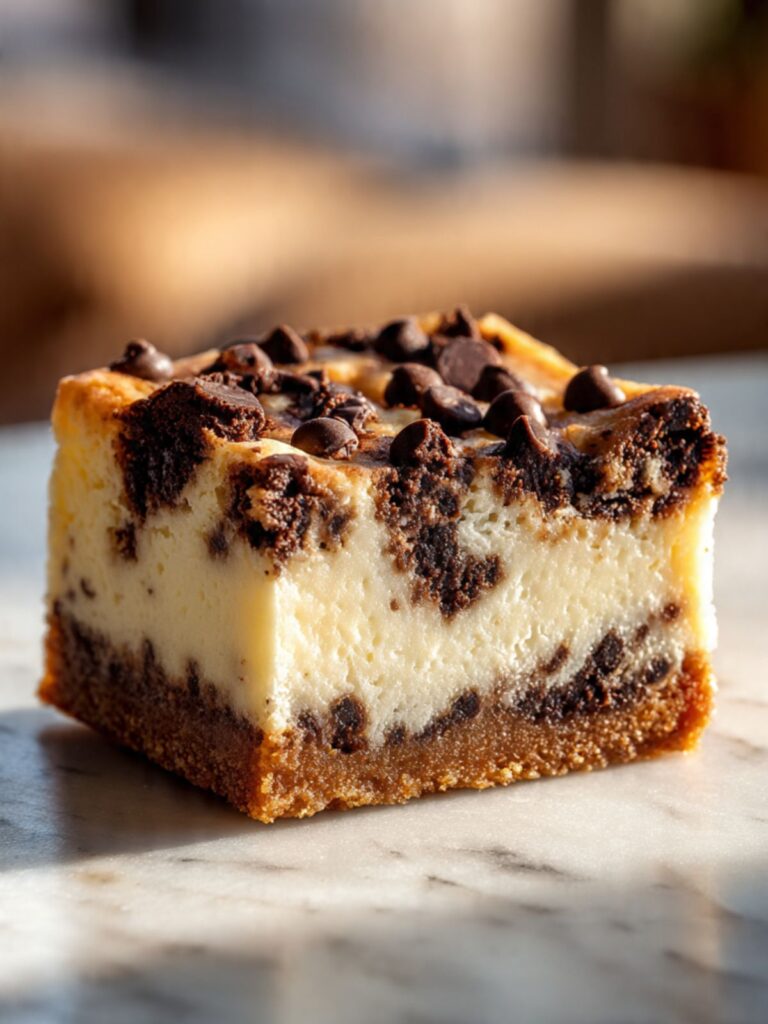 Close-up of chocolate chip cheesecake bar on marble surface showing thick creamy cheesecake filling and golden cookie base