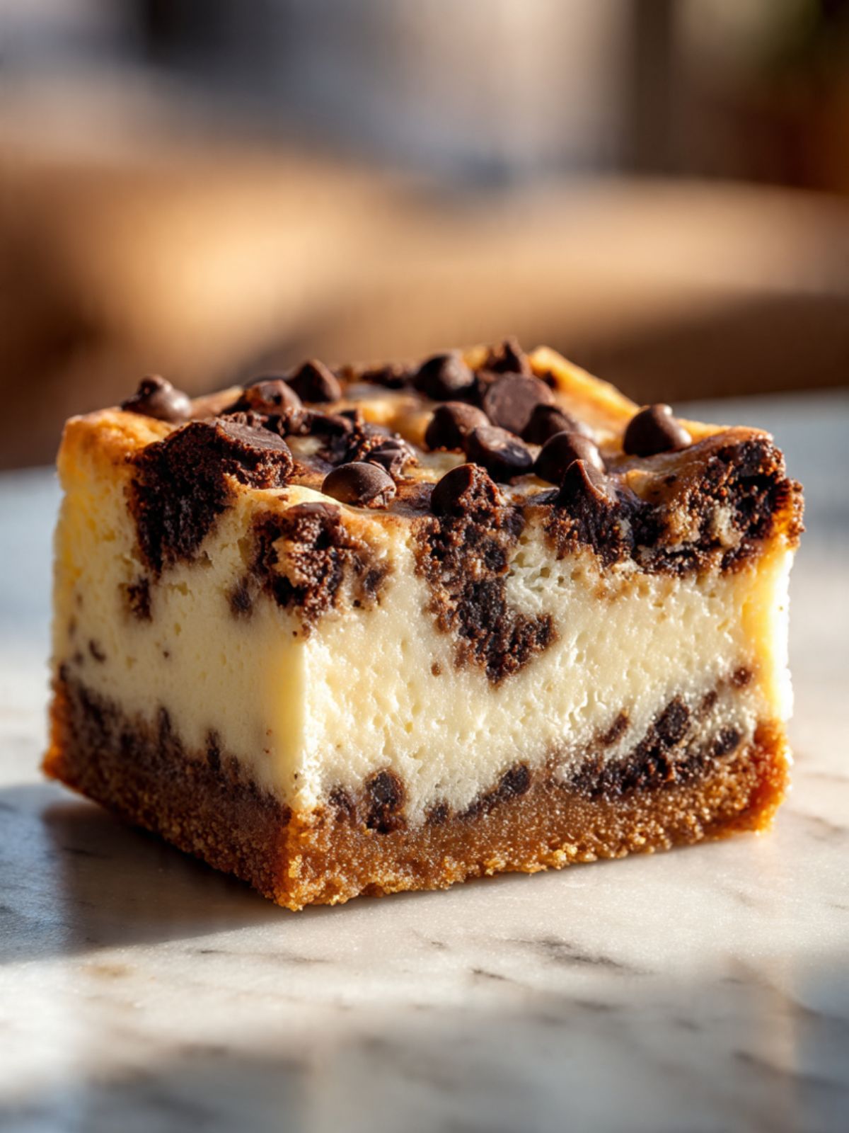 Close-up of chocolate chip cheesecake bar on marble surface showing thick creamy cheesecake filling and golden cookie base