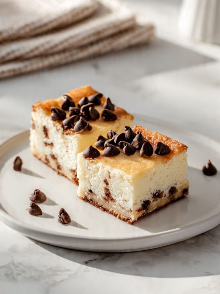 Chocolate chip cheesecake bars on white plate with semi-sweet chocolate chips scattered around showing creamy white filling