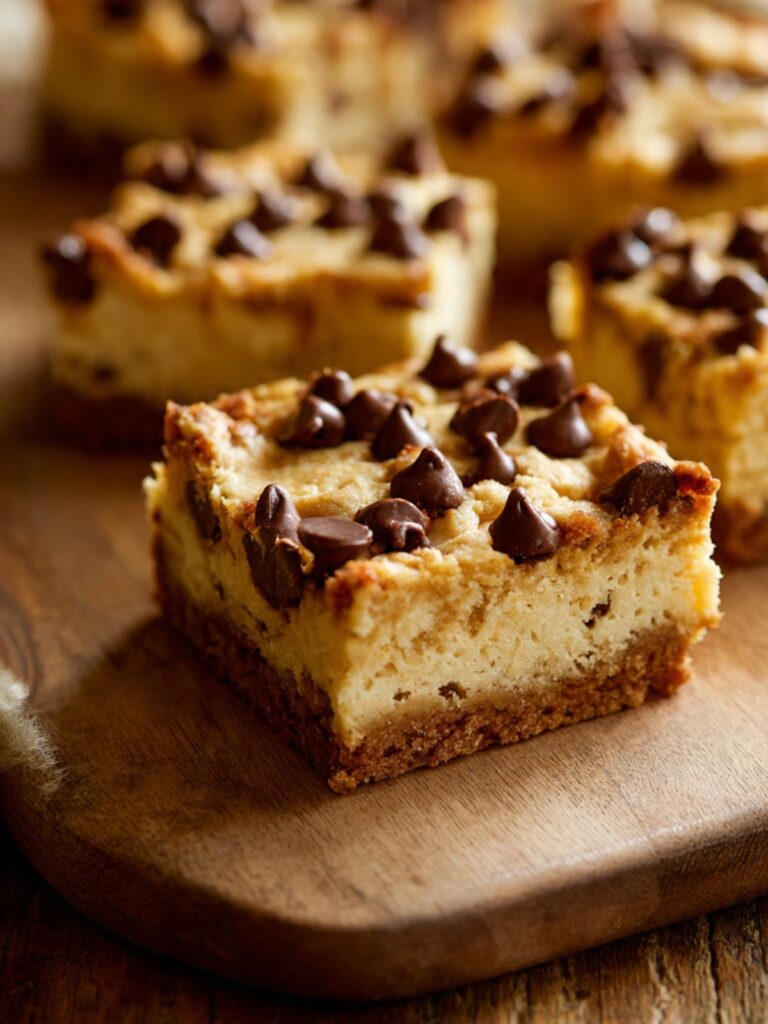 Chocolate chip cheesecake bar on wood cutting board with golden cookie topping and semi-sweet chocolate chips