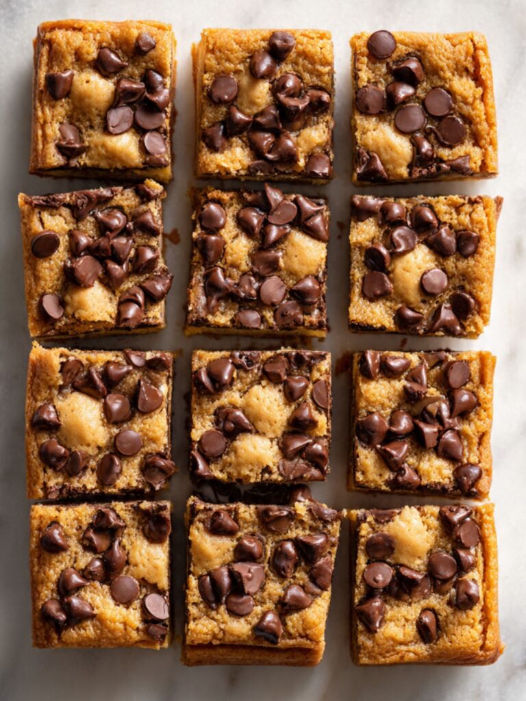 Overhead view of twelve chocolate chip cheesecake bars in a 3x4 grid showing golden cookie dough topping with semi-sweet chocolate chips
