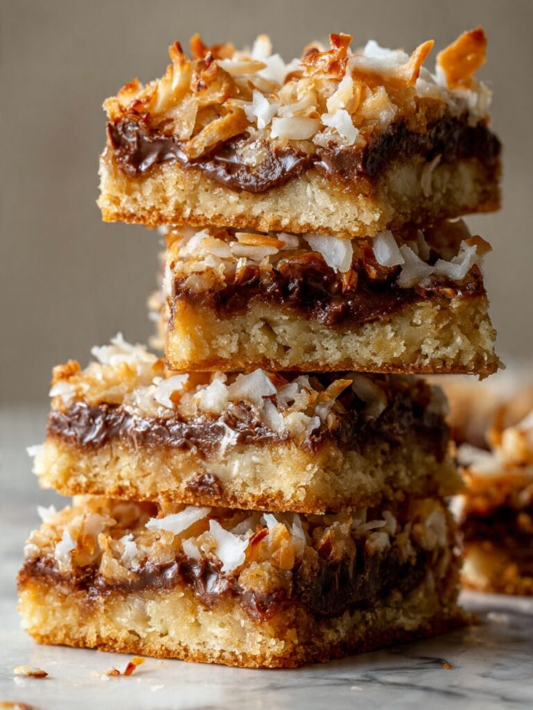 Coconut toffee bars stacked four high on marble showing shortbread base, amber toffee layer, dark chocolate ganache, and toasted coconut topping