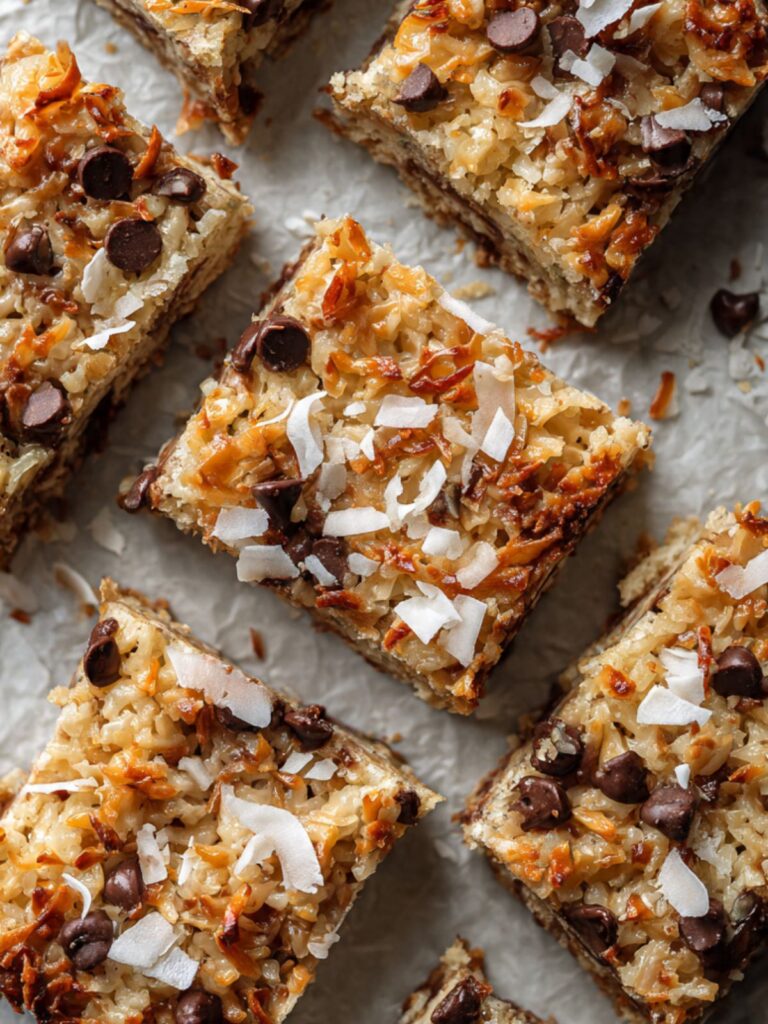 Overhead view of coconut toffee bars cut into squares on parchment with chocolate chips and white coconut flakes scattered across the surface